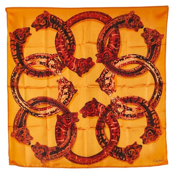 Cartier Panther Scarf, Orange and Red Silk, Women's, CARTIER - Picture 1 of 6